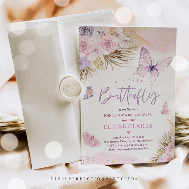 Editable Boho Butterfly Baby Shower Invitation Bohemian Pampas Grass ...