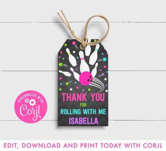 Bowling Favor Tags Bowling Girl Birthday Party Favour Tag Bowling Thank you tag Strike Bowling party Favor Tag Instant Editable Corjl K2 Il_570xn