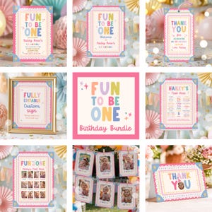 Pode incluir: Um conjunto de papelaria para festa de aniversário com texto em cores pastel e detalhes de estrelas. Os designs incluem convites, placas de boas-vindas, etiquetas de agradecimento e painéis com o texto Fun To Be One e Hailey's First Year.