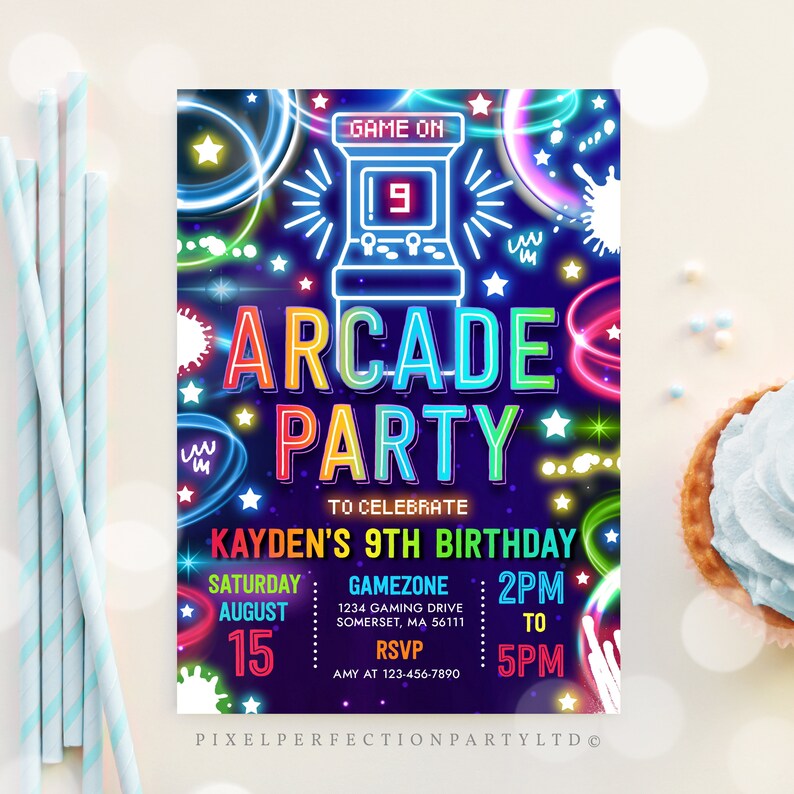 Editable Arcade Party Birthday Invitation Boy Neon Glow Retro Video Gaming Arcade Birthday Party Neon Glow Gaming Party