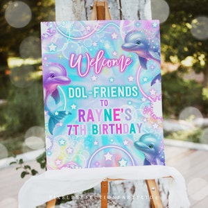 Editable Dolphin Birthday Party Welcome Sign Tie Dye Neon Glow Rainbow Dolphin Under The Sea Party Decorations Instant Download KD