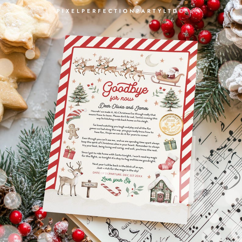 May include: A Christmas-themed letter with a red and white striped border. The letter includes illustrations of Santa's sleigh, reindeer, Christmas trees, and a gingerbread man. Text reads "Goodbye for now" and a message to Olivia and James.