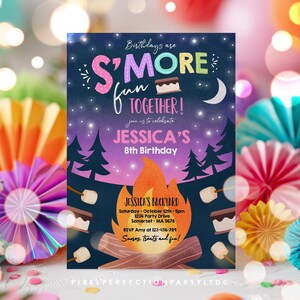 May include: A birthday party invitation card featuring a night sky with stars and a crescent moon above a campfire with s'mores. The text reads: Birthdays are S'MORE fun TOGETHER! join us to celebrate JESSICA'S 8th Birthday, JESSICA'S BACKYARD, Saturday - October 12th - 5pm, 1234 Party Drive, Somerset - MA 5678, RSVP Amy at 123-456-789, Smores, treats and fun!