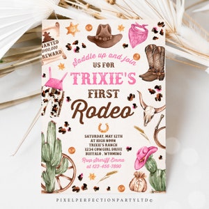 Editable Cowgirl Birthday Party Invitation Wild West Cowgirl 1st Rodeo Birthday Party Southwestern Ranch Birthday Party Instant Download QQ