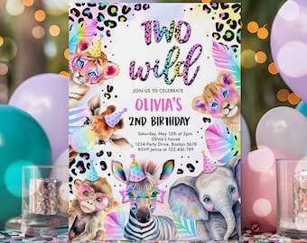 Editable Born Two Be Wild Safari Animals Birthday Invitation Pastel Rainbow Cheetah Print Safari Animals Birthday Party Invite Download XQ