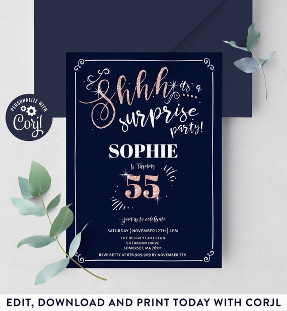 55th Surprise Birthday Invitation Chalkboard Vintage 55th Birthday Invite Rose Navy Gold Invite Template Instant Download Editable Corjl D1 Il_570xn