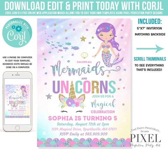 Mermaid And Unicorn Birthday Invitation Magical Unicorn Mermaid Invite Mermaid Unicorn Magical Party Instant Download Editable File Corjl 9A Il_570xn