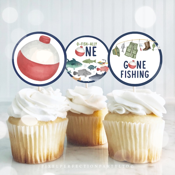 Fishing Birthday Party Cupcake Toppers O-Fish-Ally One 1st Birthday Cupcake Tags Toppers Labels Favors Party Decor Instant Download FK2