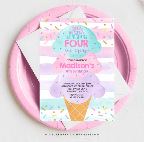 Editable Ice Cream Birthday Invitation I scream You Scream We All Scream Four Ice Cream 4th Birthday Party Invite Invite Instant Download WC Il_570xn