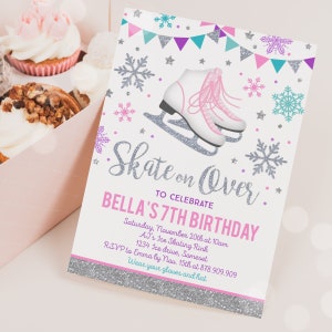 Ice skating Invitation Ice Skating Birthday Invite Pink Silver Ice Skating Party Skate Party Skating Party Instant Editable File Corjl G9