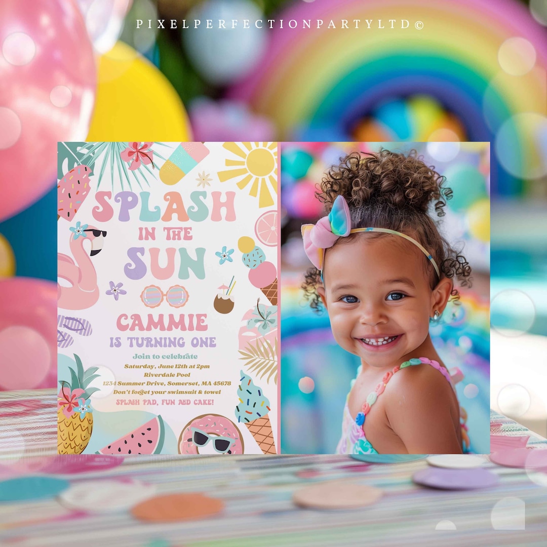 Editable Splash in the Sun 1st Birthday Party Invitation Girly Tropical