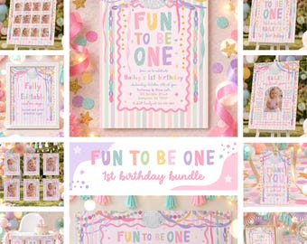 Fun to Be One Birthday Party Bundle Girl Themed First Birthday Package Whimsical Garland Pastel Rainbow Decoration Digital Download U71