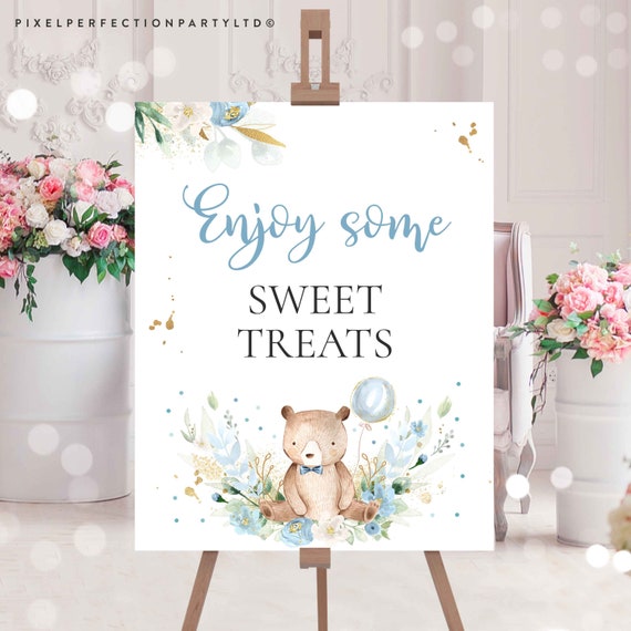 Teddy Bear Baby Shower Table Sign Enjoy Some Sweet Treat Sign We Can Bearly Wait Baby Shower Signs Blue Floral Boy Teddy Bear Baby Shower TB Il_570xn