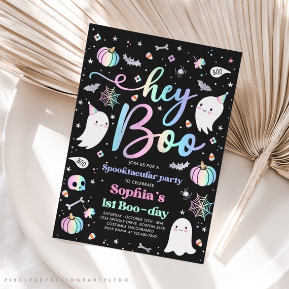 Editable Halloween Pastel Ghost Birthday Invitation Hey Boo Girly Cute Ghost Birthday Party Spooktacular Halloween Party Instant Download DS Il_570xn