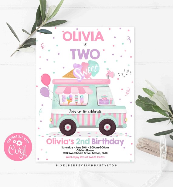 Editable Ice Cream Truck Birthday Invitation Ice Cream Two Sweet 2nd Birthday Party Invitation Two Sweet Ice Cream Party Instant Download IC Il_570xn