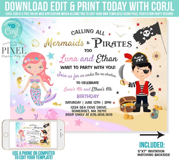 Mermaid And Pirate Birthday Invitation Sibling Mermaid & Pirate Invite Sibling Mermaid Pirate Party Instant Download Editable File 7O Il_570xn