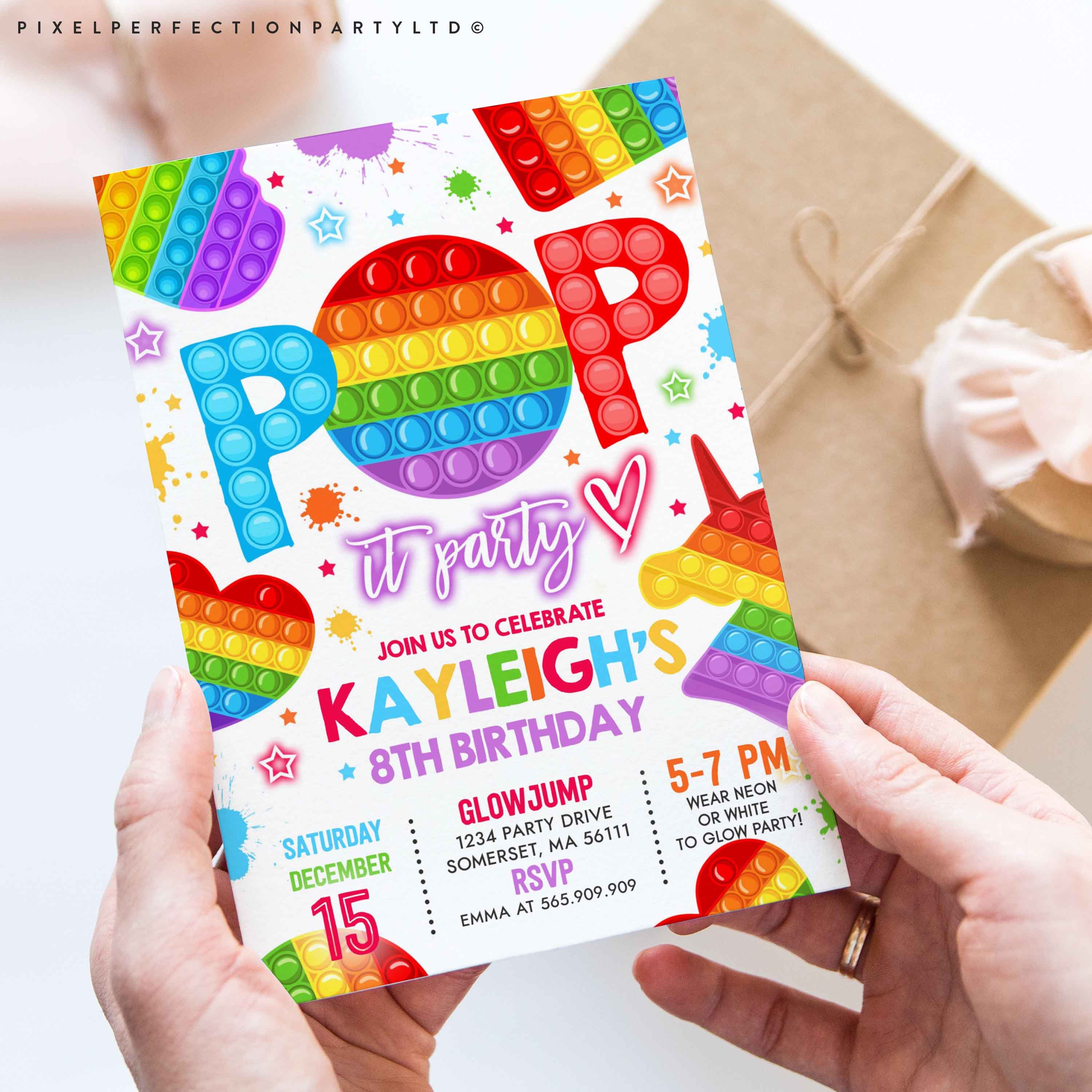 Paper Pop It Rainbow Pink Birthday Invitation Kids Mobile Invite Evite