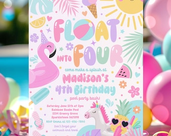 Editable Float Into Four 4th Birthday Pool Party Invitation Tropical Summer Splish Splash Girly Pool Party Invitation Instant Download TU8