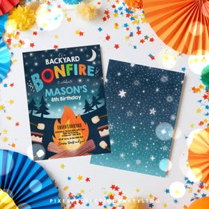 May include: A rectangular birthday invitation card featuring a dark blue night sky with stars, a bonfire, and text that reads: It's a BACKYARD BONFIRE to celebrate MASON'S 8TH BIRTHDAY. The back of the card shows a matching dark blue starry night pattern.