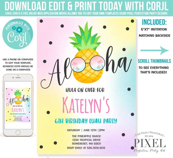 Luau Birthday Invitation Pineapple Luau Invitation Hawaiian Luau Invite Pineapple Hawaiian Luau Pool Party Instant Editable File Corjl 05 Il_570xn