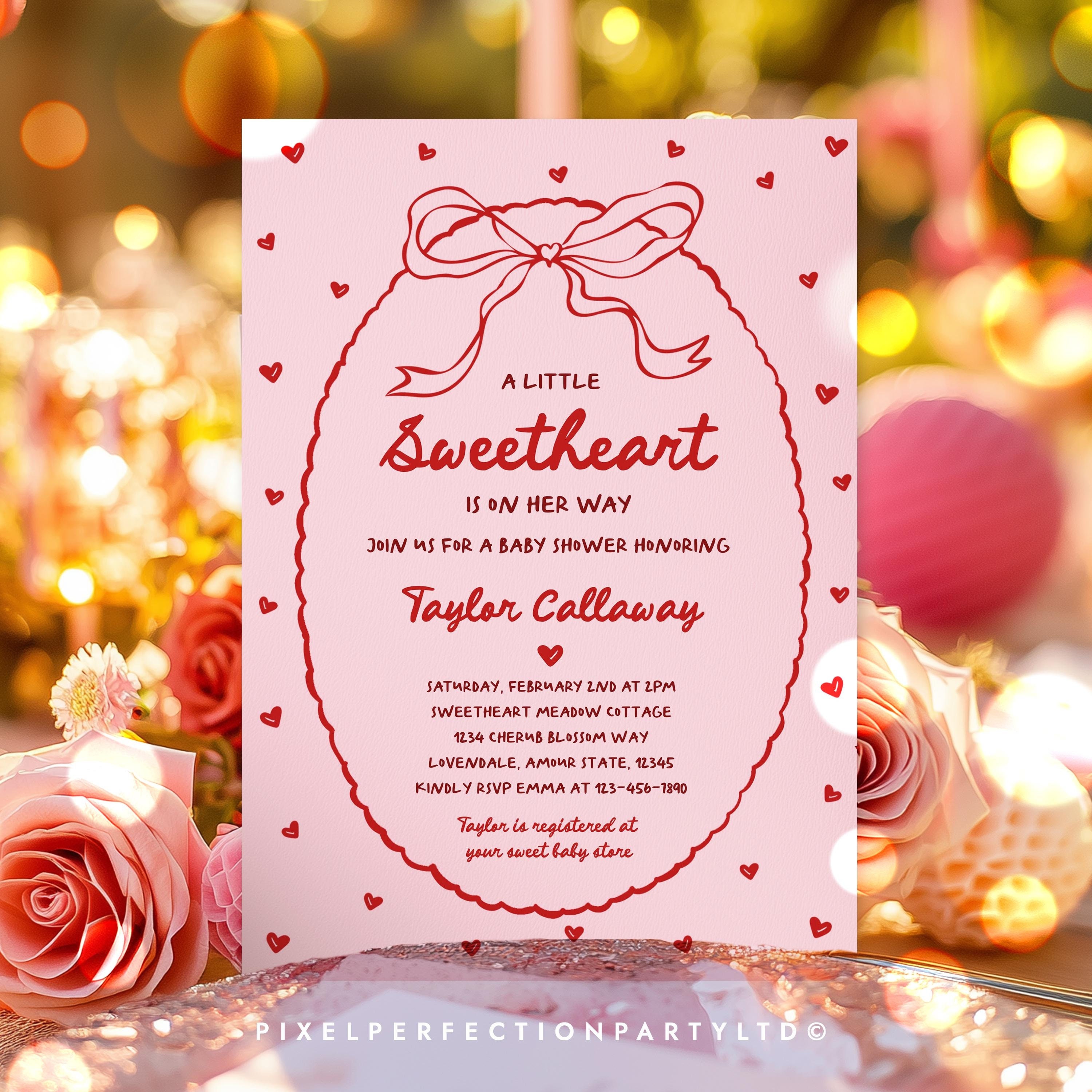 Editable Red Bow Valentine's Baby Shower Invitation Red And Pink Coquette  Bow And Hearts Sweetheart Girl Baby Shower Instant Download H8U, image size:3000x3000