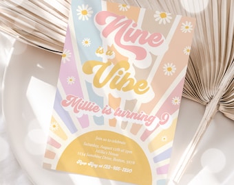 Editable Nine Is A Vibe Birthday Invitation Retro Daisy Sunshine 9th Birthday Daisy Hippie Rainbow Sunshine Birthday Instant Download JN