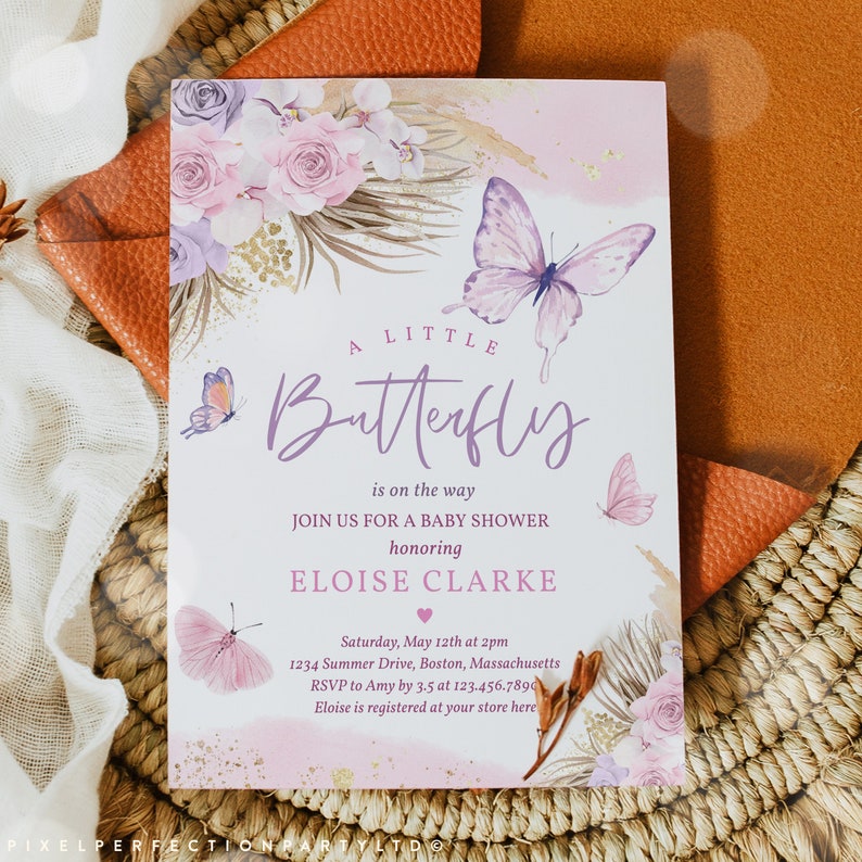 Editable Boho Butterfly Baby Shower Invitation Bohemian Pampas Grass ...