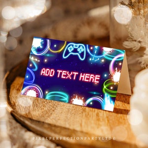 Editable Video Game Birthday Folded Place Cards Neon Gamer Birthday Game On Level Up Birthday Glow Gamer Party Decor Instant Download KN