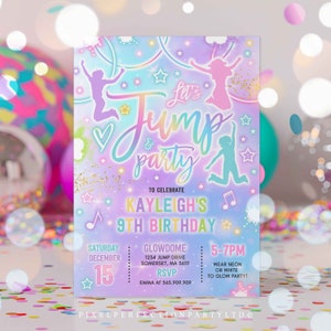 May include: A party invitation with a colorful design. The text reads "Let's Jump & Party" and announces Kayleigh's 9th birthday. The invitation includes the date, time, location, and RSVP information. The design features silhouettes of people jumping and stars.