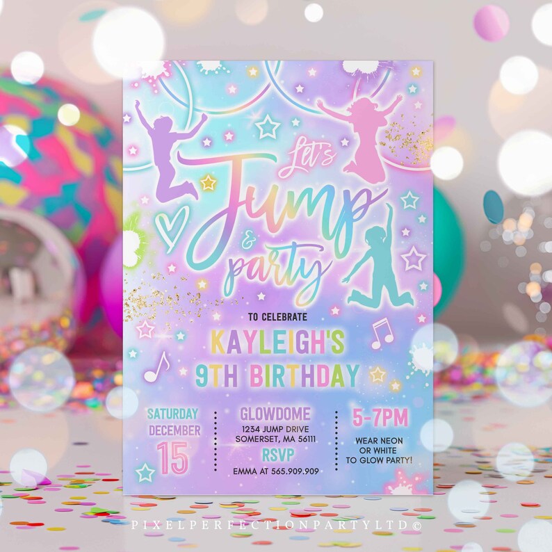 May include: A party invitation with a colorful design. The text reads "Let's Jump & Party" and announces Kayleigh's 9th birthday. The invitation includes the date, time, location, and RSVP information. The design features silhouettes of people jumping and stars.