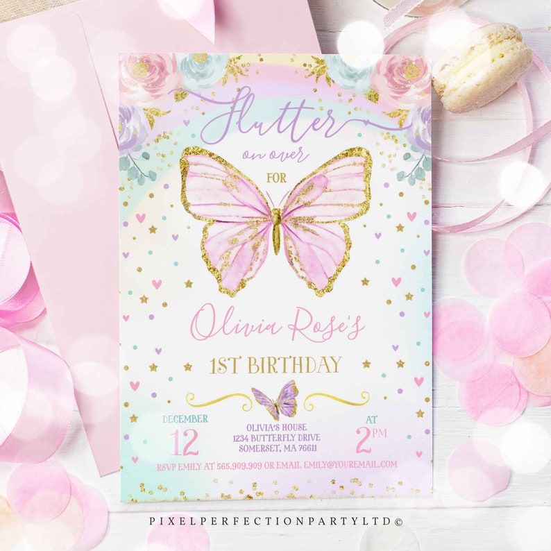 May include: A pastel blue and pink butterfly-themed first birthday party invitation with gold glitter accents. The invitation features a large pink butterfly with gold glitter wings and the text "Flutter on over for Olivia Rose's 1st Birthday". The invitation also includes the date, time, and location of the party.