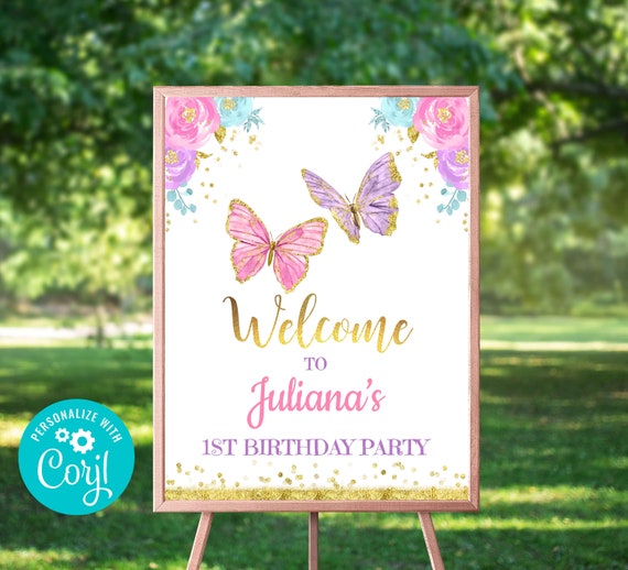 Editable Butterfly Welcome Sign Editable Butterfly Welcome Sign Pink And Gold Floral Butterfly Birthday Welcome Sign Instant File 2I Il_570xn