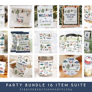 Editable Fishing Birthday Invitation And Bundle O-Fish-Ally One 1st Birthday Party Package Decorations Party Bundle Kit Instant Download 42Y