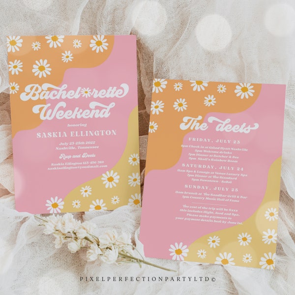 Editable Retro Bachelorette Weekend Invitation And Itinerary Groovy Floral Daisy 70s Themed Bachelorette Invite Instant Download J1