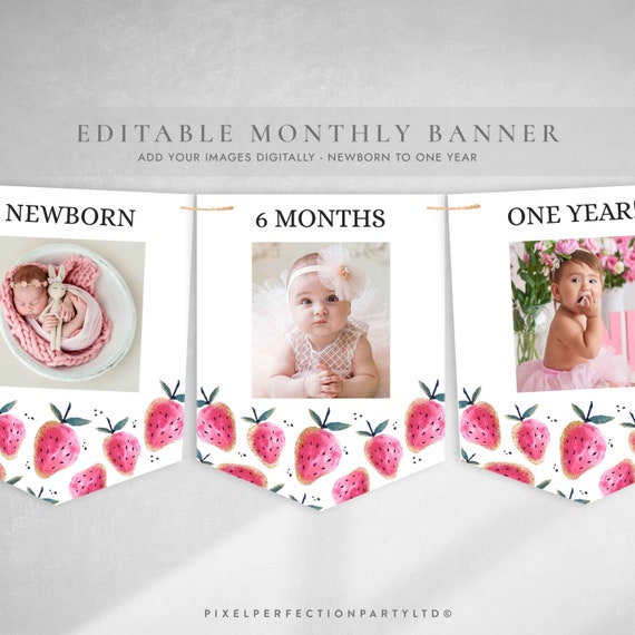 Editable Strawberry Monthly Banner Strawberry Berry First Birthday Party Photo Banner Berry Sweet Birthday Party Decor Instant Download VC Il_570xn