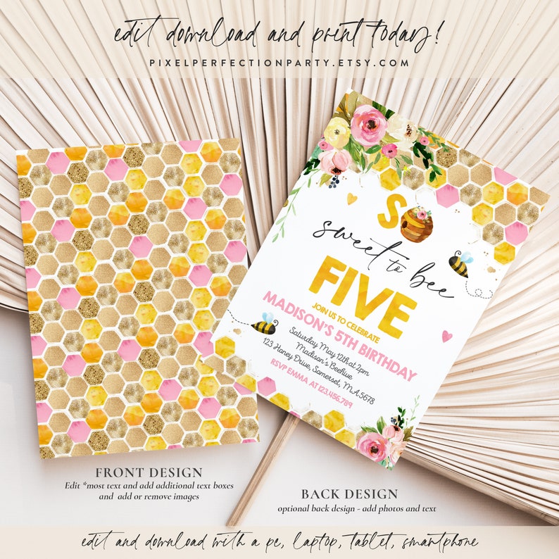 Editable Bee Birthday Invitation Honey Bee Birthday Party Pink Yellow Floral Bumble Bee Party So Sweet To Bee Five Party Instant Download BH image 4