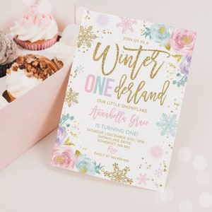 WINTER ONEderland Invitation Pink & Gold Winter ONEderland Invitation Floral Winter ONEderland Party Instant Download Editable Corjl 1K