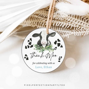 Editable Cow Birthday Party Favor Tags Holy Cow I'm One Birthday Decor Blue Farm Cow 1st Birthday Favors Instant Download Editable CZ