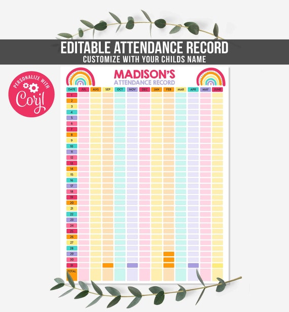 Editable Attendance Record Homeschool Planner Rainbow Etsy