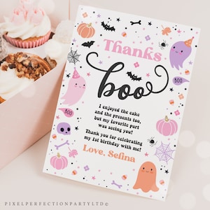 Editable Pink Halloween Ghost Birthday Party Thank You Card Ghost Spooky One Two Spooky Favors Spooktacular Halloween Instant Download F6