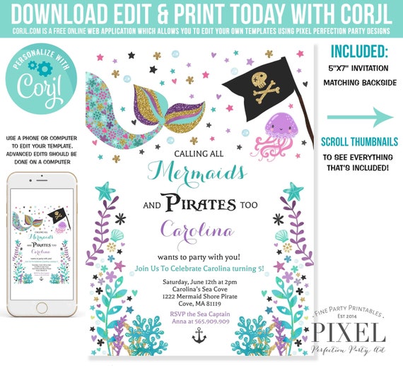 Mermaid And Pirate Invitation Mermaid & Pirate Birthday Invitation Mermaid And Pirate Party Boy Girl Party Instant Download Editable PDF 4I Il_570xn