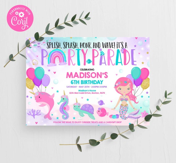 Editable Mermaid Drive By Birthday Parade Invitation Magical Mermaid Narwhal Drive Thru Birthday Social Distancing Birthday Party Instant PM Il_570xn