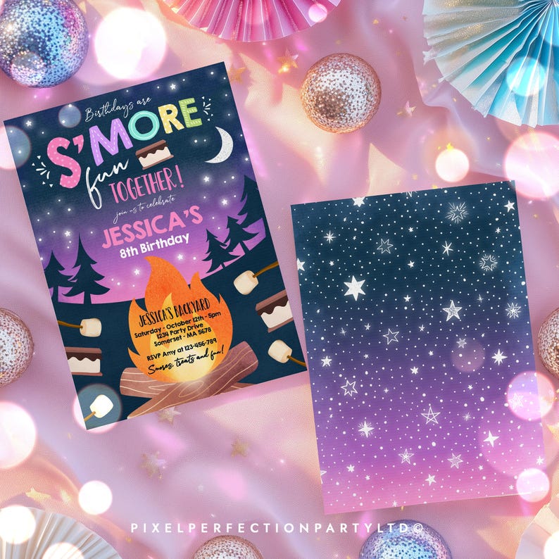 May include: A rectangular birthday invitation card featuring a dark night sky with stars, a campfire, and s'mores. The text reads: Birthdays are S'MORE fun TOGETHER! JESSICA'S 8th Birthday. The back of the card has a purple and blue starry pattern.