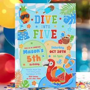 May include: A blue and green invitation with a tropical theme. The invitation says "Dive into Five" and features a pineapple, a pair of swim trunks, a flamingo float, and a coconut with a straw. The invitation is for Mason's 5th birthday party on October 20th at 3pm. The party is at Rainbow Realm Cafe, 1234 Groovy Grove, Sparkletown 567890. RSVP to Emma at 123-456-7890.