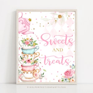 Sweet And Treats Tea Party Tischschild Tea Party Leckerli Schild Pink & Gold Skurril Blumen Tea Party Dekorationen Par-Tea Instant Download TR