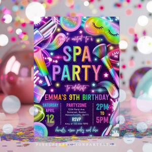 Puede incluir: Una invitaci&oacute;n a una fiesta de spa para celebrar el 9&ordm; cumplea&ntilde;os de Emma. La invitaci&oacute;n es de color rosa, azul y verde ne&oacute;n y presenta un pincel de maquillaje, esmalte de u&ntilde;as y una m&aacute;scara para dormir. El texto dice "Est&aacute;s invitado a una fiesta de spa para celebrar el 9&ordm; cumplea&ntilde;os de Emma. S&aacute;bado, 12 de abril, de 2 PM a 5 PM. Partyzone 1234 Party Ave. Somerset, Boston, Massachusetts, 56111. RSVP Amy al 123-456-7890. Faciales, manicura y pedicura y diversi&oacute;n."
