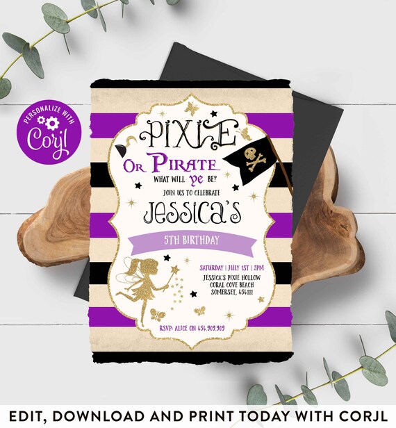 Pixies And Pirates Birthday Invitation Fairies & Pirates Invitation Girl Boy Combined Birthday Invite Pixie Instant Download Editable PP Il_570xn