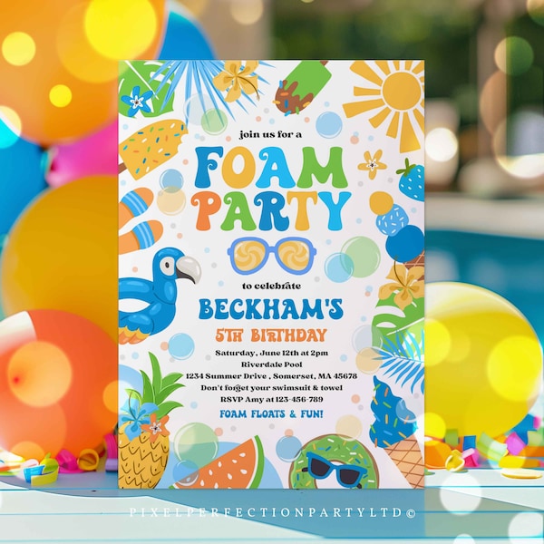 Editable Foam Birthday Party Invitation Tropical Pool Foam Boy Pool Party Invite Summer Splash Pad Party Instant Download SQ8