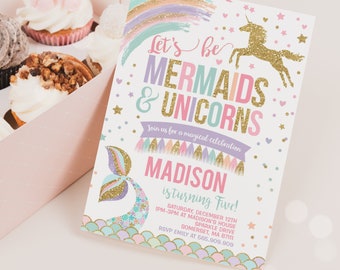 Mermaid And Unicorn Birthday Invitation Magical Unicorn & Mermaid Invitation Whimsical Mermaid Unicorn Instant Download Editable PDF MU0