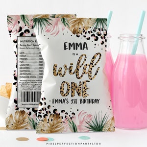 Editable Leopard Print Party Chip Bag Wrappers Jungle Chip Bag Favors Wild One Leopard Print Jungle Birthday Party Instant Download GY